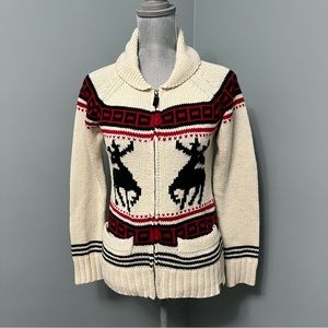 TRIPLE FIVE SOUL wool blend knit cowichan deer print full zip sweater size med